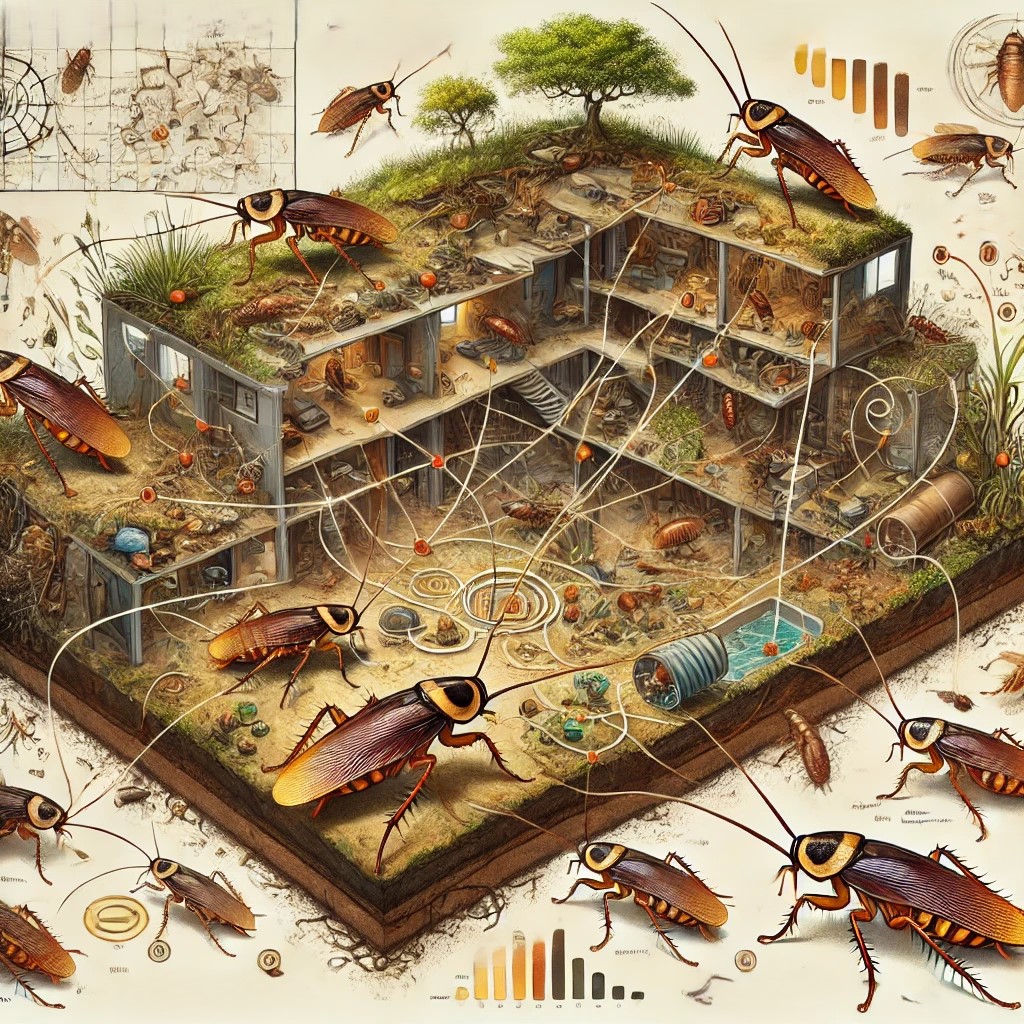 The image showcases various cockroaches interacting in a complex