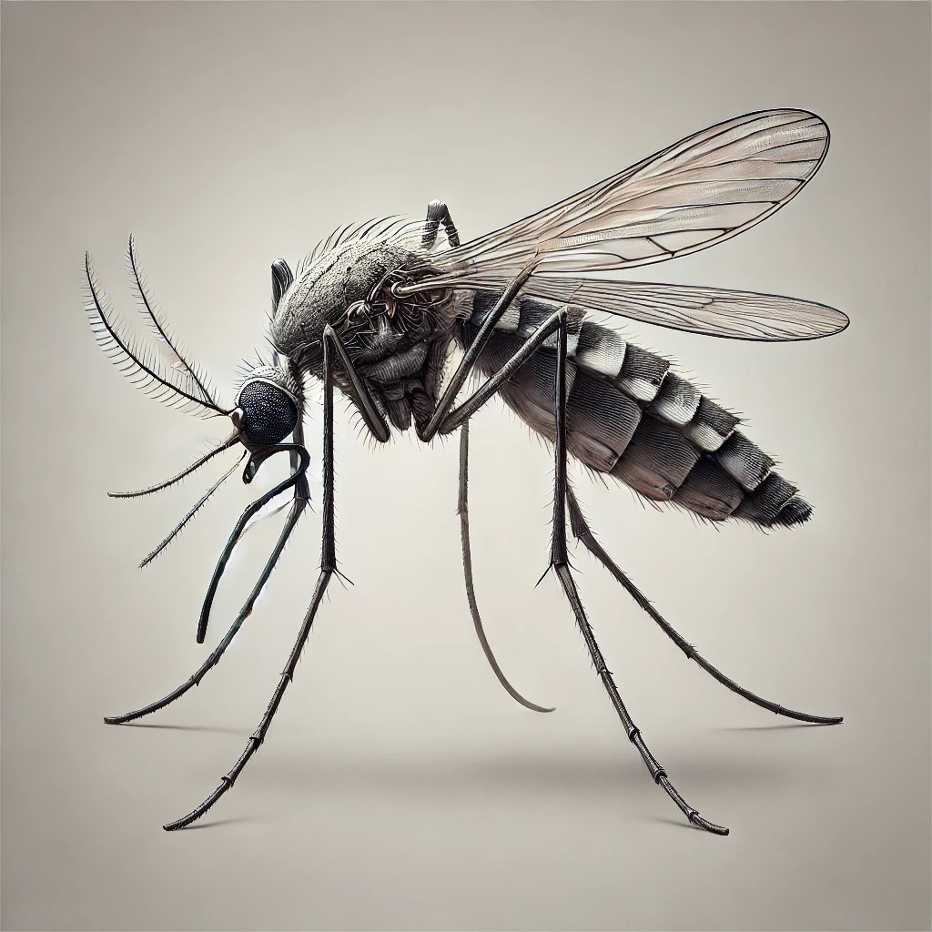 the mosquito, showing its body clearly divided into th