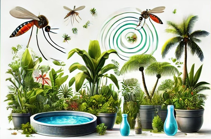 The design focuses on mosquito-related scenes, featuring tropical g