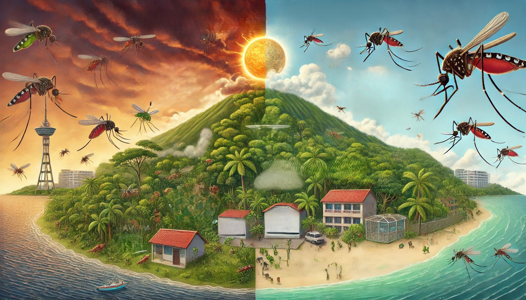 a lush tropical environment with rising temp