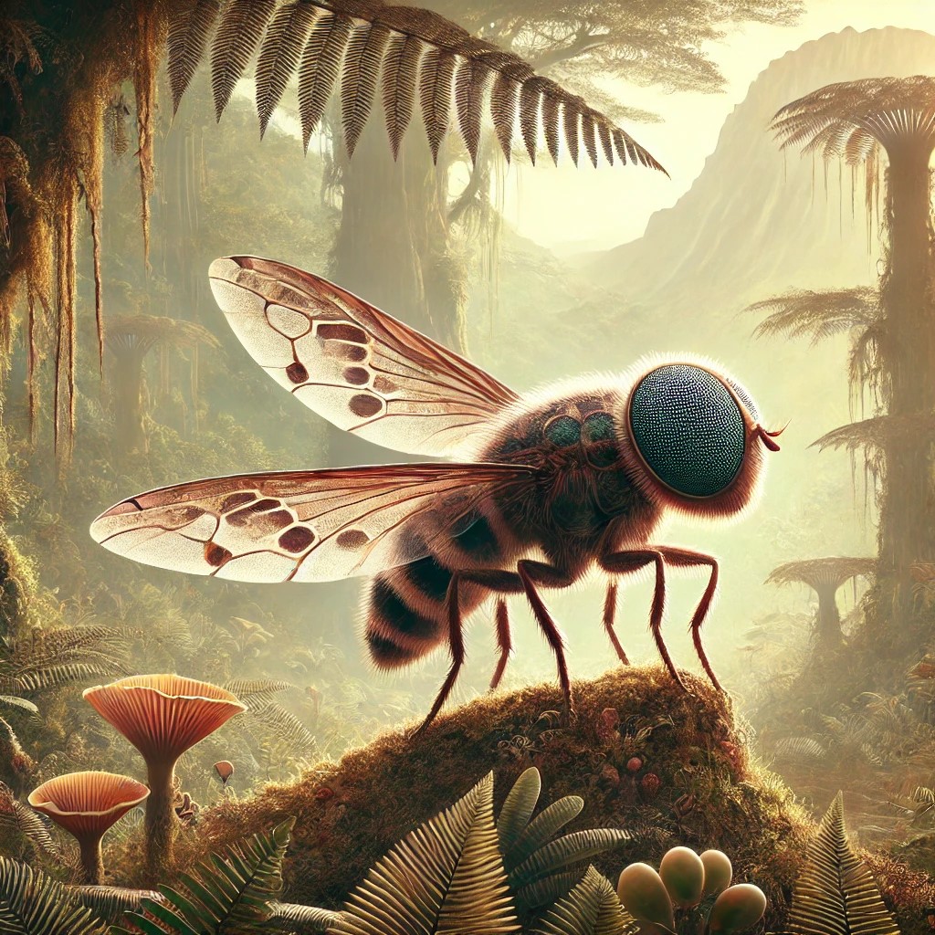 The fly is depicted with intricate wing patterns